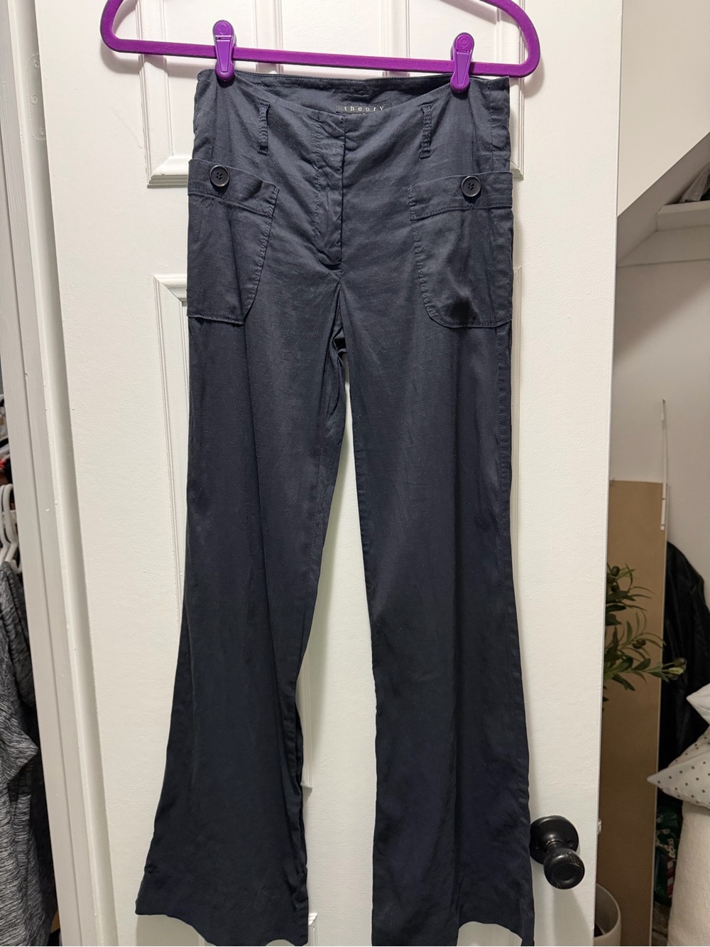 Theory Navy Boot Cut Flare Linen Blend Work Pants